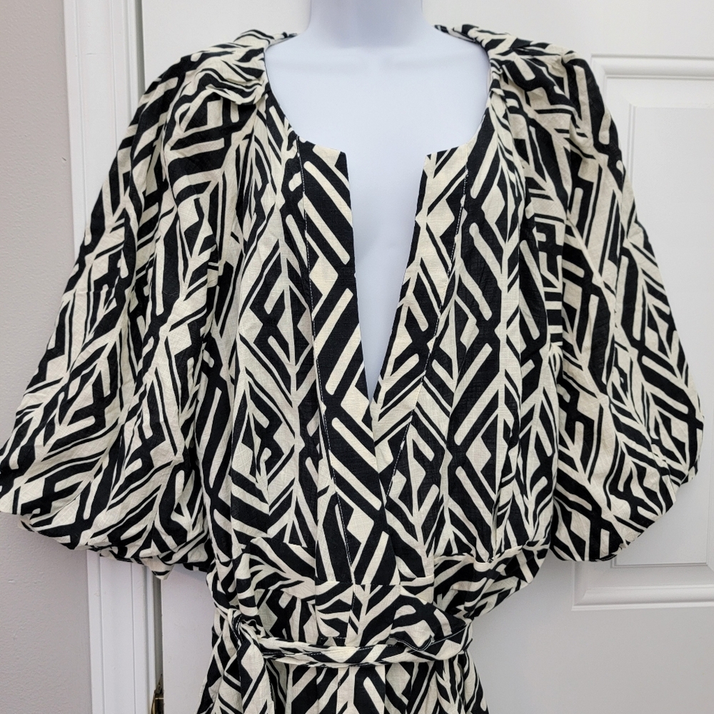 NWT Banana Republic Balloon Sleeve Midi Wrap Dress Black White Geometric XXL - Picture 3 of 10